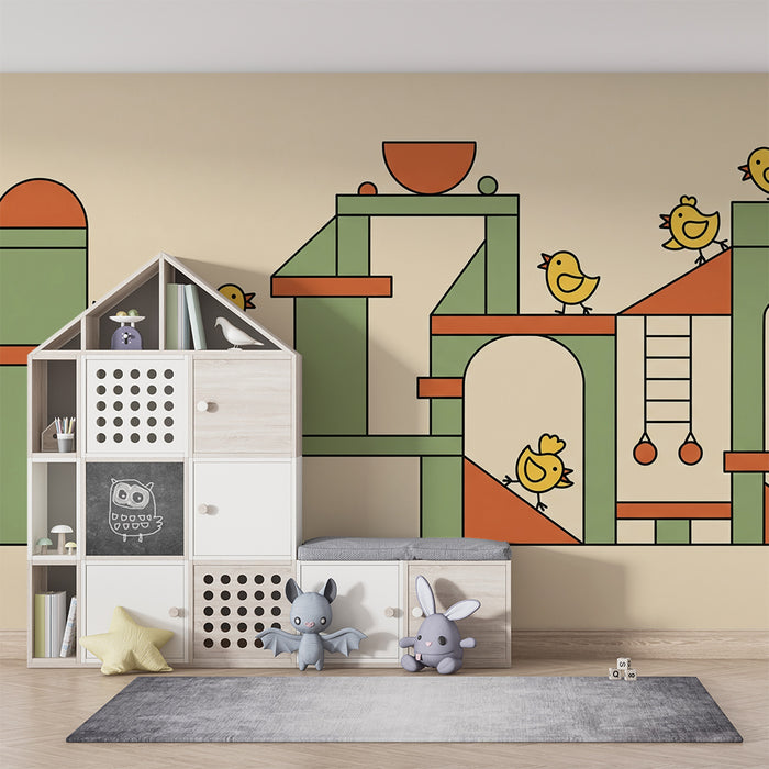 Papel pintado para habitación infantil | Pájaros amarillos sobre estructuras de juego coloridas