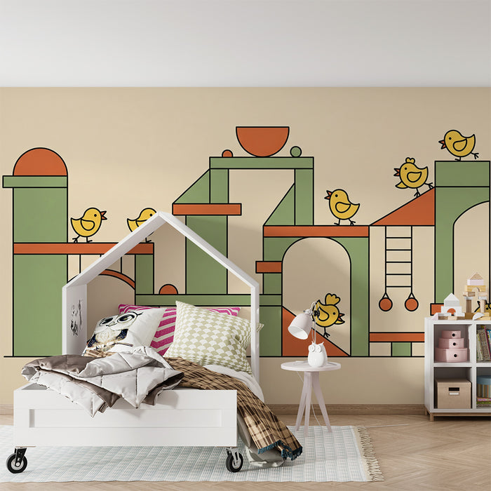 Papel pintado para habitación infantil | Pájaros amarillos sobre estructuras de juego coloridas
