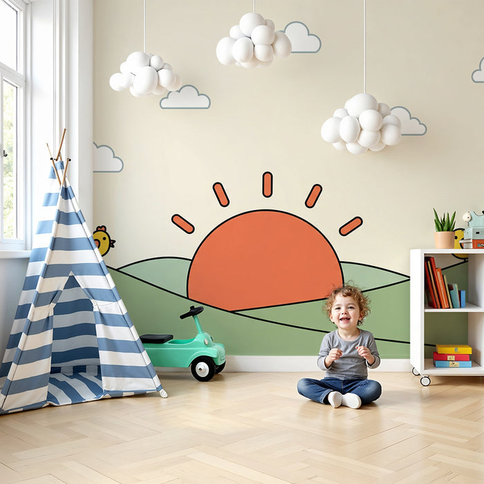 Papel de parede para quarto de bebé | Pássaros alegres ao nascer do sol