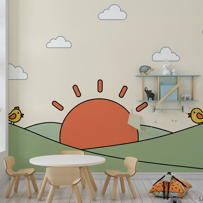Papel de parede para quarto de bebé | Pássaros alegres ao nascer do sol