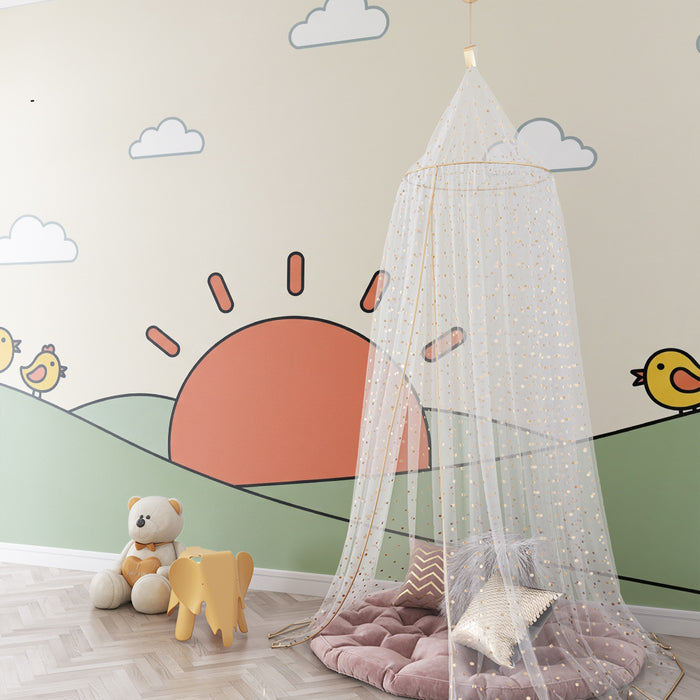 Papel de parede para quarto de bebé | Pássaros alegres ao nascer do sol