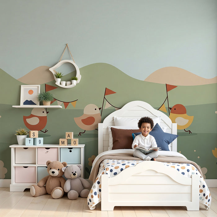 Nursery Wallpaper | Cheerful Little Birds in a Blooming Landscape