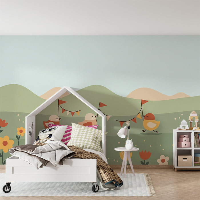 Nursery Wallpaper | Cheerful Little Birds in a Blooming Landscape