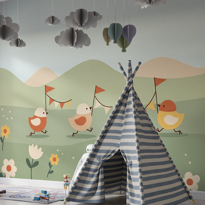 Nursery Wallpaper | Cheerful Little Birds in a Blooming Landscape