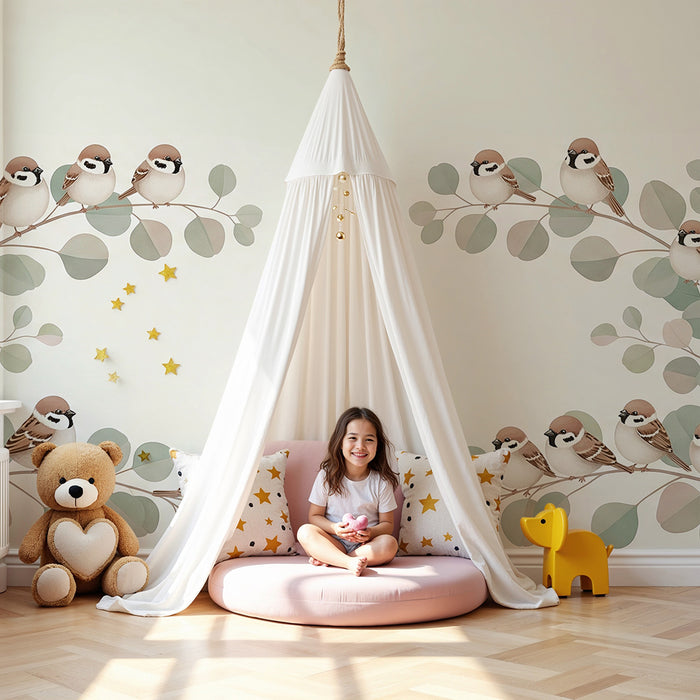 Papel pintado para habitación de bebé | Pajaritos en ramas de follaje delicado