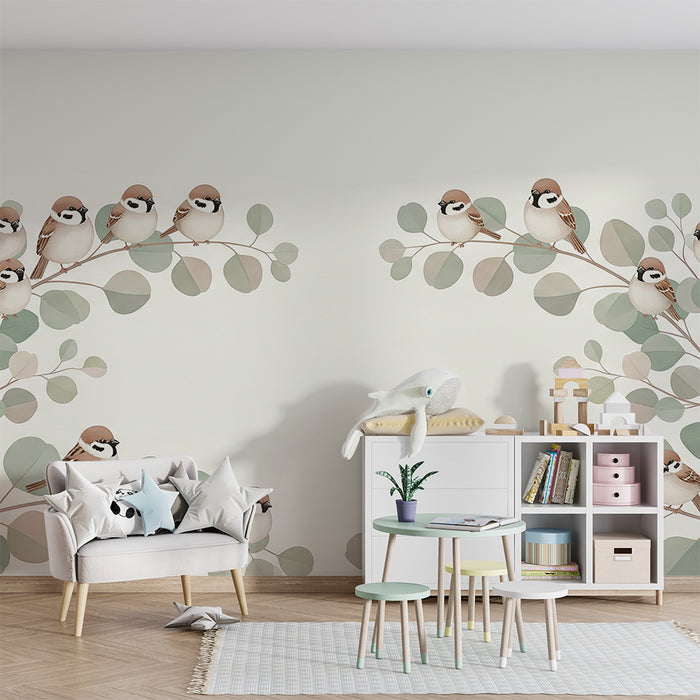 Papel pintado para habitación de bebé | Pajaritos en ramas de follaje delicado
