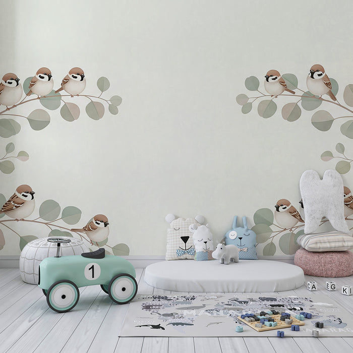 Papel pintado para habitación de bebé | Pajaritos en ramas de follaje delicado