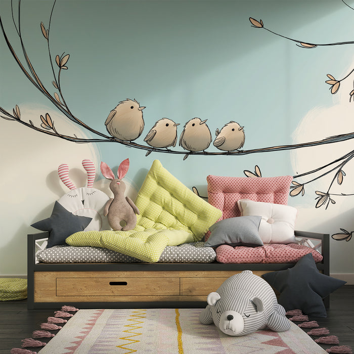 Tapet za detska staia | Malki ptitsi na grana pod sini nebesa