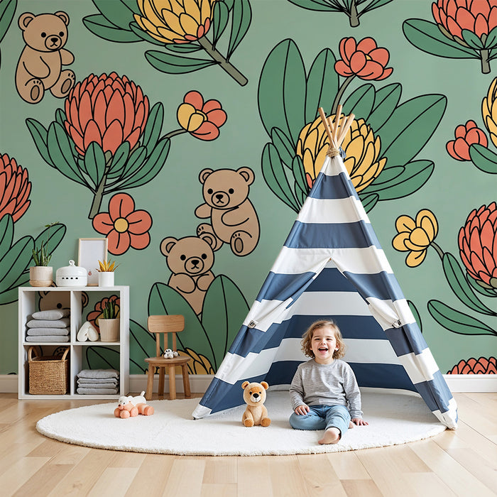 Papel pintado para habitación infantil | Ositos y flores grandes