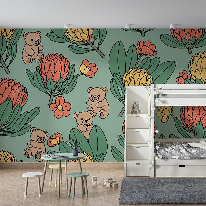 Papel pintado para habitación infantil | Ositos y flores grandes