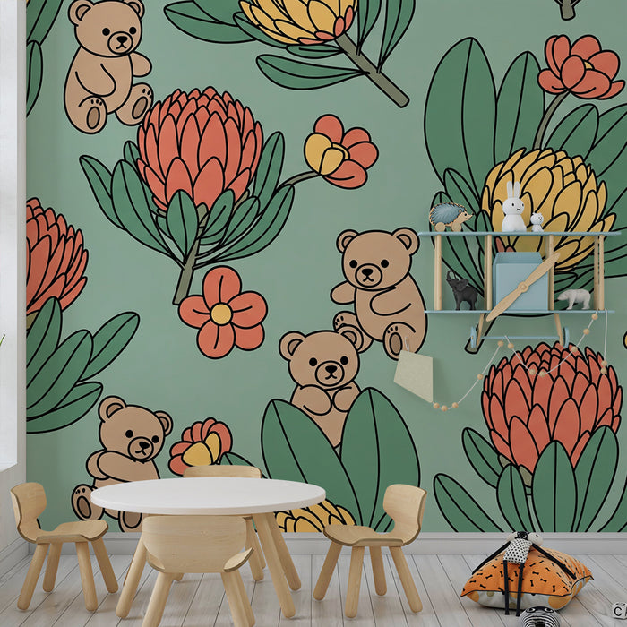 Papel pintado para habitación infantil | Ositos y flores grandes