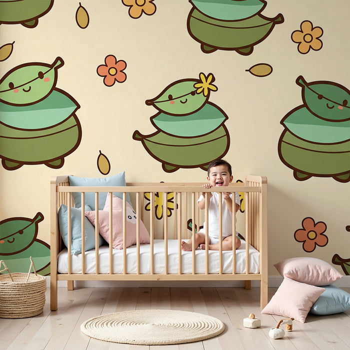 Papier peint chambre bébé | Petits personnages de feuilles souriants entourés de fleurs colorées
