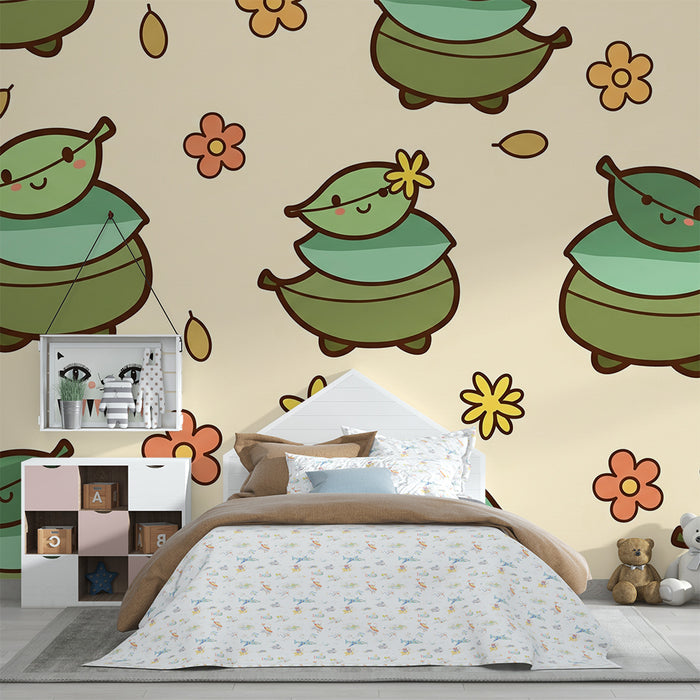 Papier peint chambre bébé | Petits personnages de feuilles souriants entourés de fleurs colorées