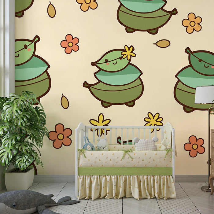 Papier peint chambre bébé | Petits personnages de feuilles souriants entourés de fleurs colorées