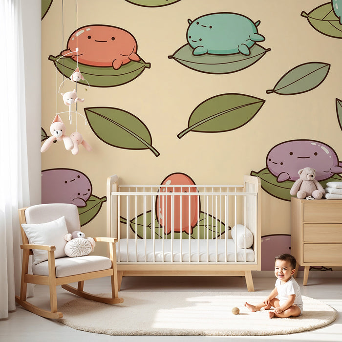 Papier peint chambre bébé | Petits personnages mignons sur des feuilles vertes