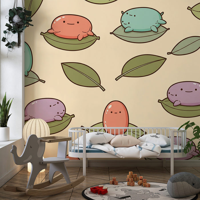 Papier peint chambre bébé | Petits personnages mignons sur des feuilles vertes