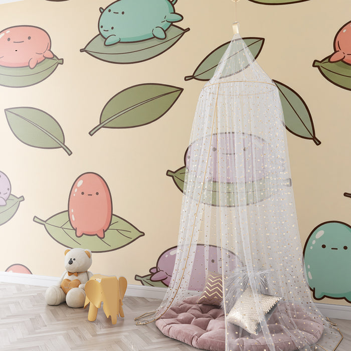 Papier peint chambre bébé | Petits personnages mignons sur des feuilles vertes