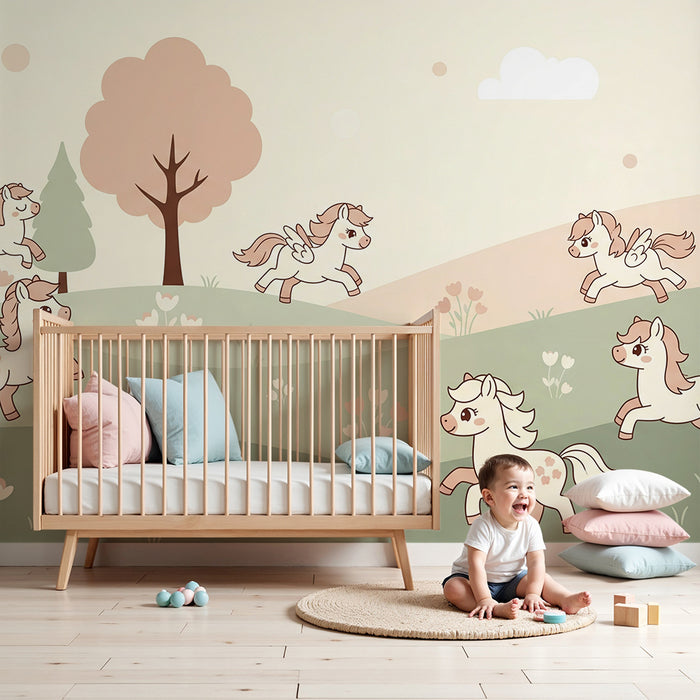 Papier peint chambre bébé | Petits poneys dans un paysage doux et coloré