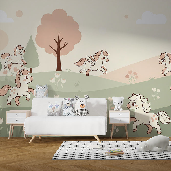 Papier peint chambre bébé | Petits poneys dans un paysage doux et coloré