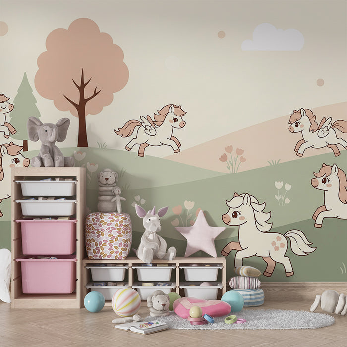 Papier peint chambre bébé | Petits poneys dans un paysage doux et coloré
