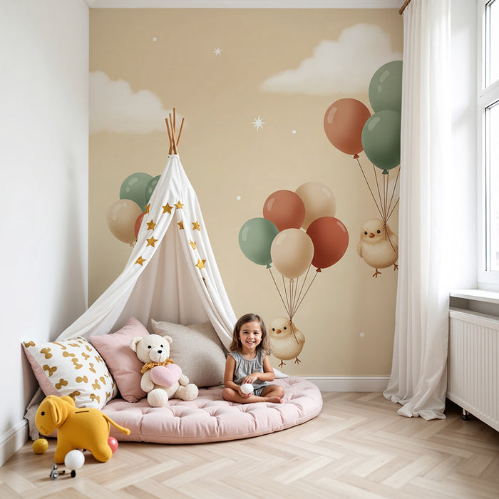 Nursery Wallpaper | Little Chicks Floating with Colorful Balloons in a Soft Sky