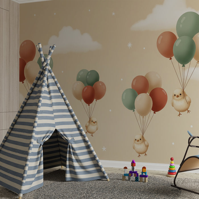Nursery Wallpaper | Little Chicks Floating with Colorful Balloons in a Soft Sky