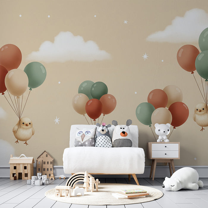 Nursery Wallpaper | Little Chicks Floating with Colorful Balloons in a Soft Sky