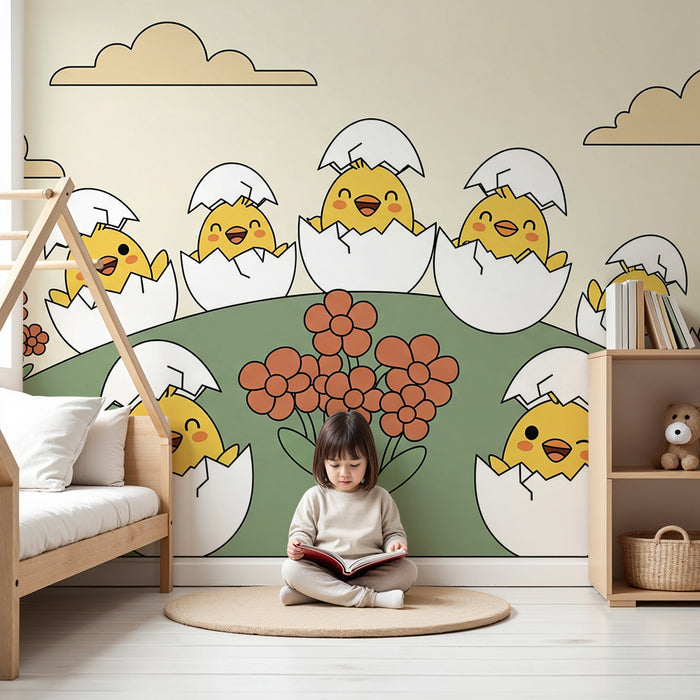 Papel pintado para habitación infantil | Pollitos alegres saliendo del cascarón entre flores