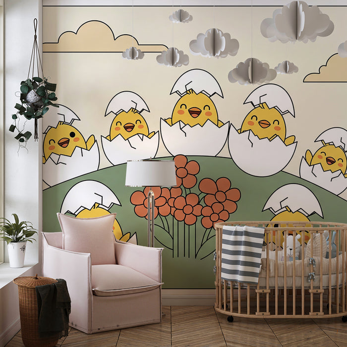 Papel pintado para habitación infantil | Pollitos alegres saliendo del cascarón entre flores