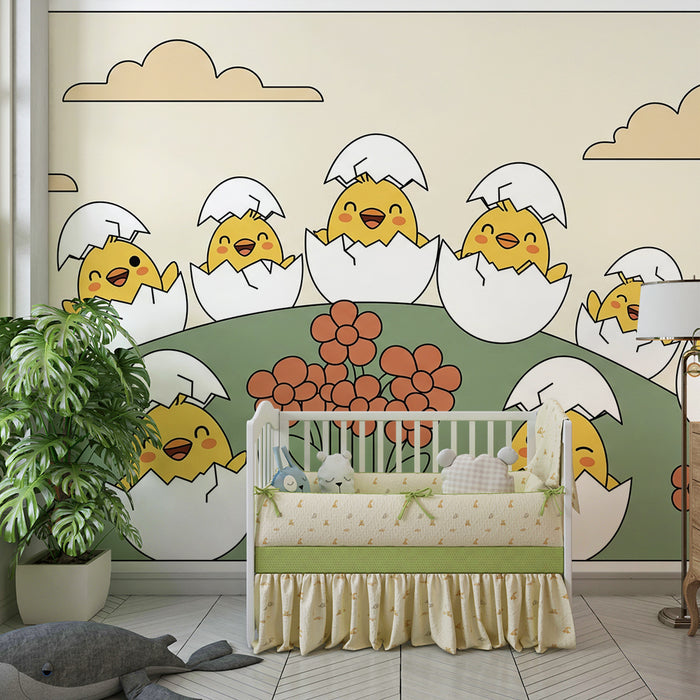 Papel pintado para habitación infantil | Pollitos alegres saliendo del cascarón entre flores