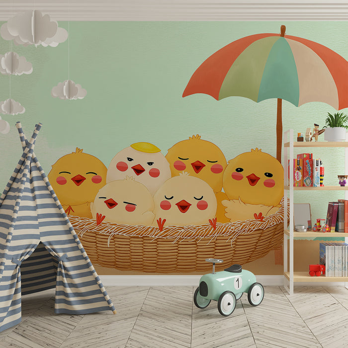 Nursery room wallpaper | Boldog kiscsibék színes napernyő alatt