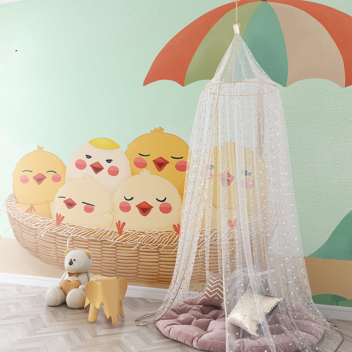 Nursery room wallpaper | Boldog kiscsibék színes napernyő alatt