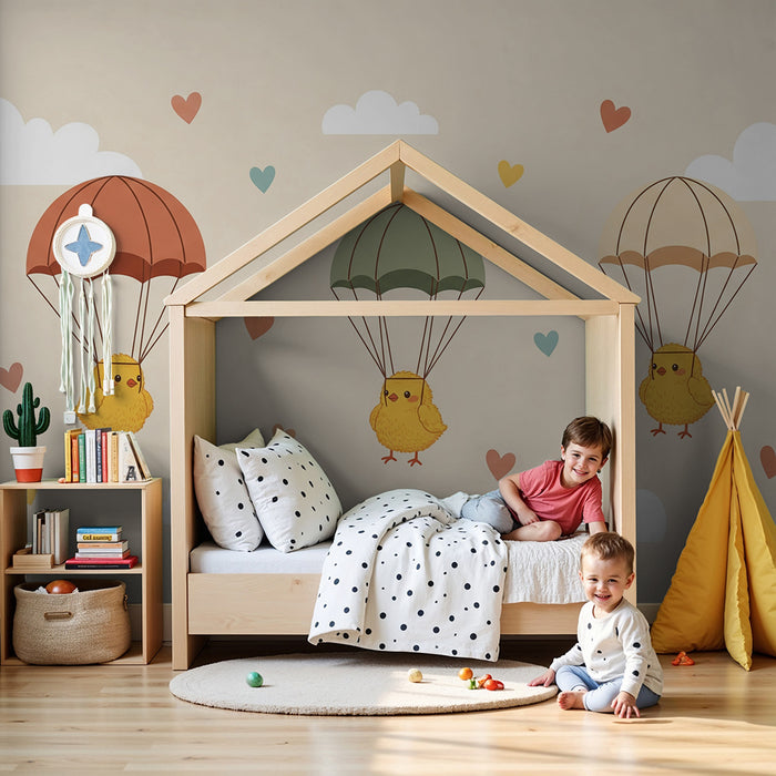 Papel pintado para habitación infantil | Pollitos paracaidistas en un cielo suave
