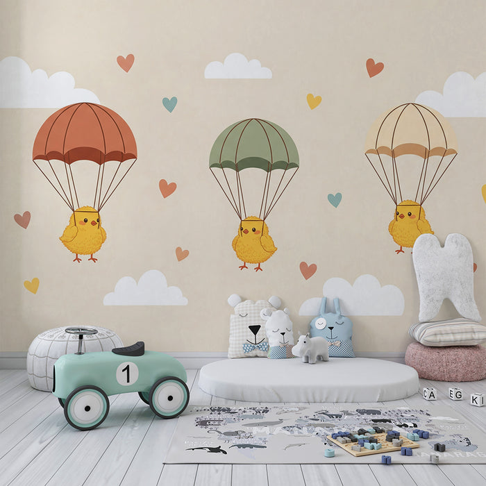 Papel pintado para habitación infantil | Pollitos paracaidistas en un cielo suave