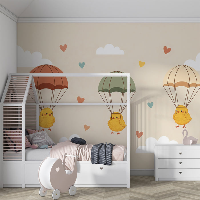 Papel pintado para habitación infantil | Pollitos paracaidistas en un cielo suave