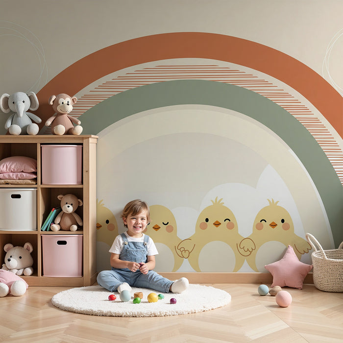 Papel pintado para habitación infantil | Pollitos bajo un arcoíris pastel