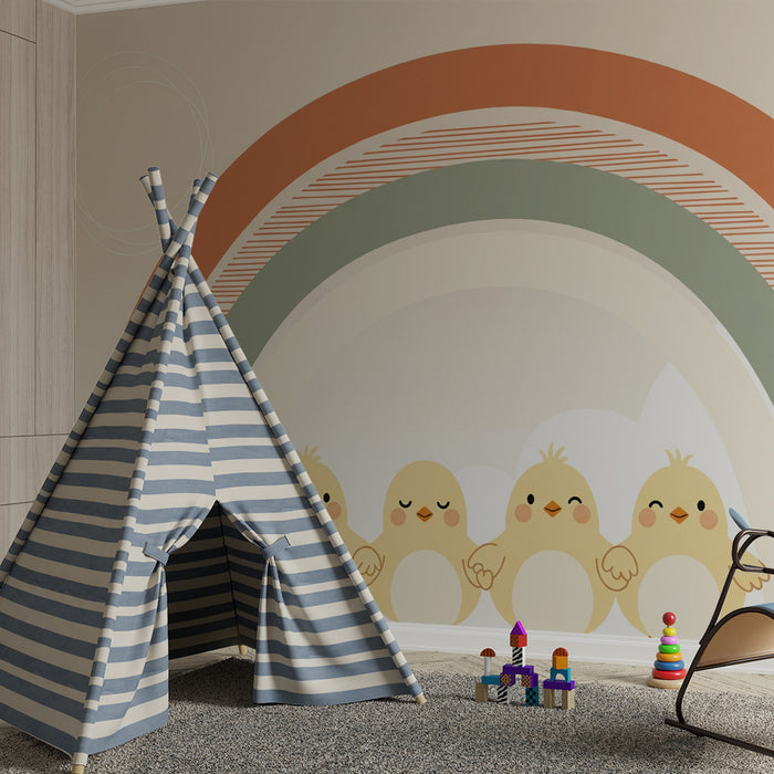 Papel pintado para habitación infantil | Pollitos bajo un arcoíris pastel