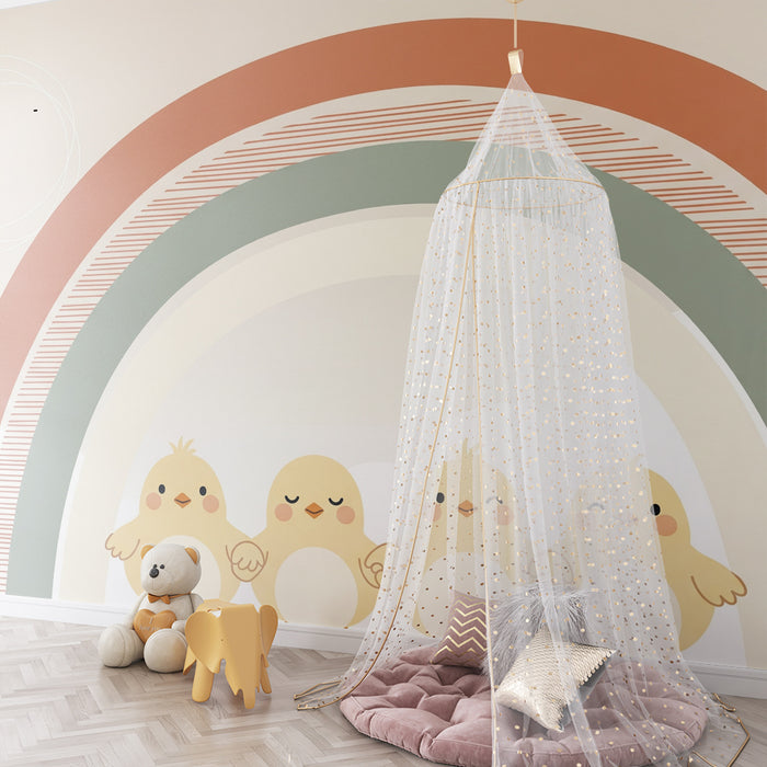 Papel pintado para habitación infantil | Pollitos bajo un arcoíris pastel
