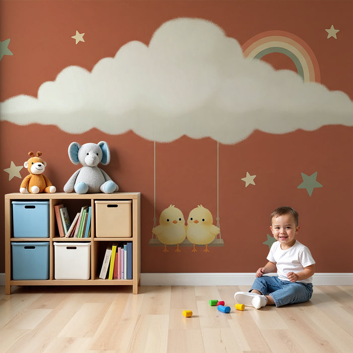 Papel pintado para habitación infantil | Pollitos en un columpio bajo un cielo estrellado