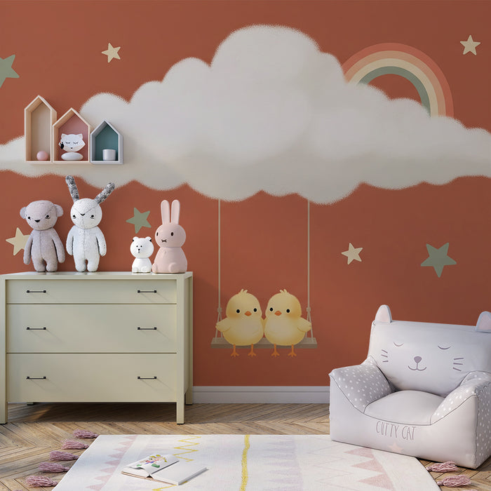 Papel pintado para habitación infantil | Pollitos en un columpio bajo un cielo estrellado