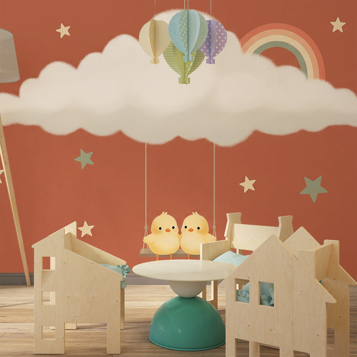 Papel pintado para habitación infantil | Pollitos en un columpio bajo un cielo estrellado