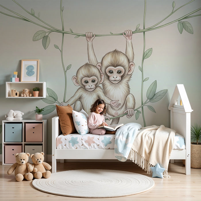Papel de parede quarto bebê | Pequenos macacos travessos na selva