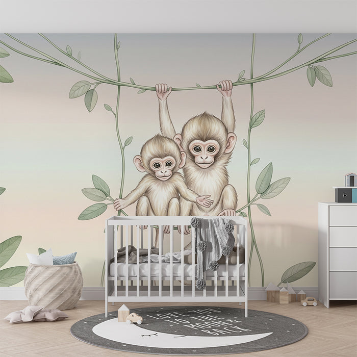 Papel de parede quarto bebê | Pequenos macacos travessos na selva
