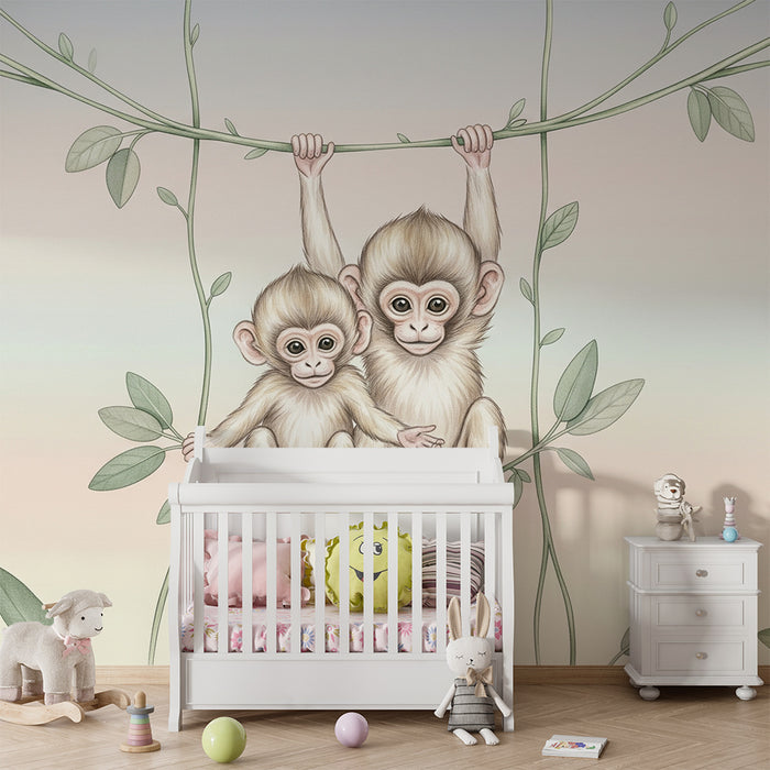 Papel de parede quarto bebê | Pequenos macacos travessos na selva