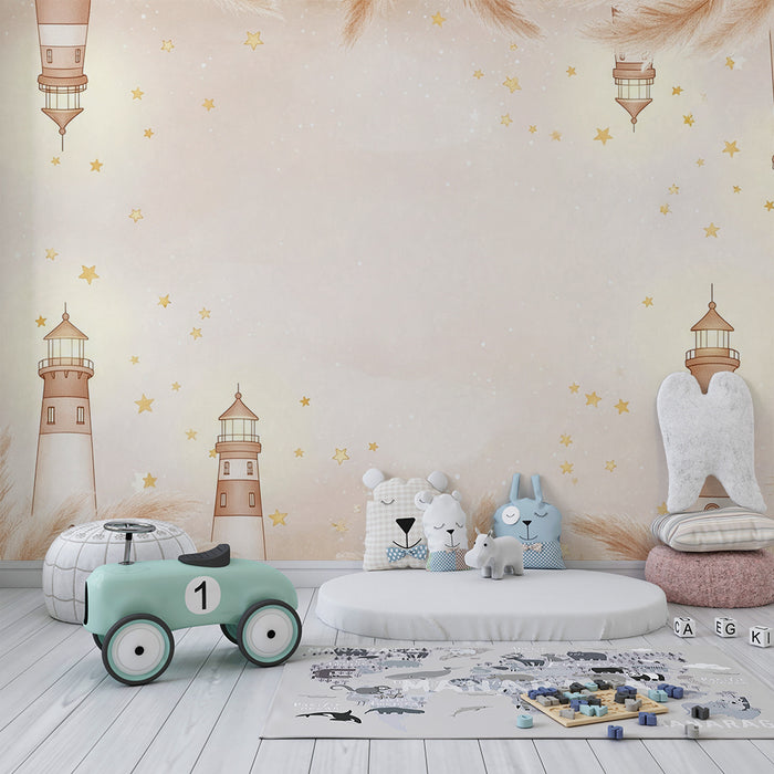 Papier peint chambre bébé | Phare doux et étoiles scintillantes sur fond pastel
