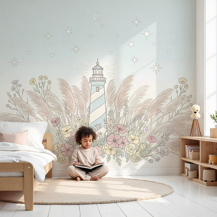 Babyzimmer Tapete | Leuchtturm umgeben von zarten Blumen und Federn