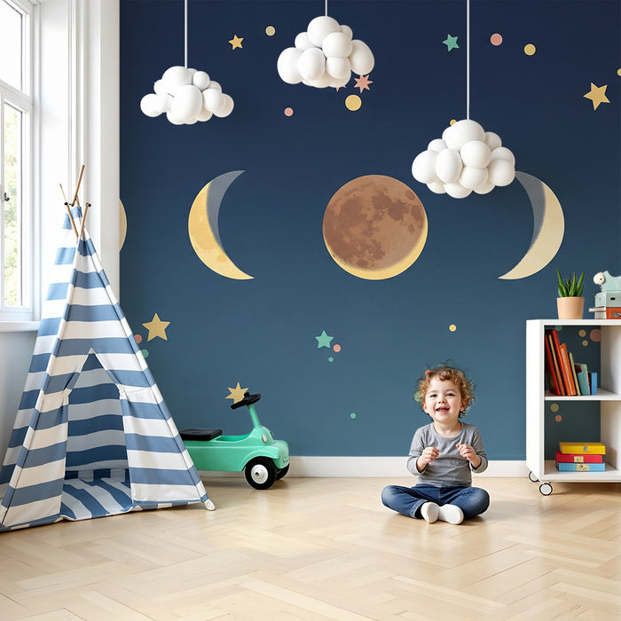 Babyzimmer Tapete | Phasen des Mondes und bunte Sterne in einem nächtlichen Himmel