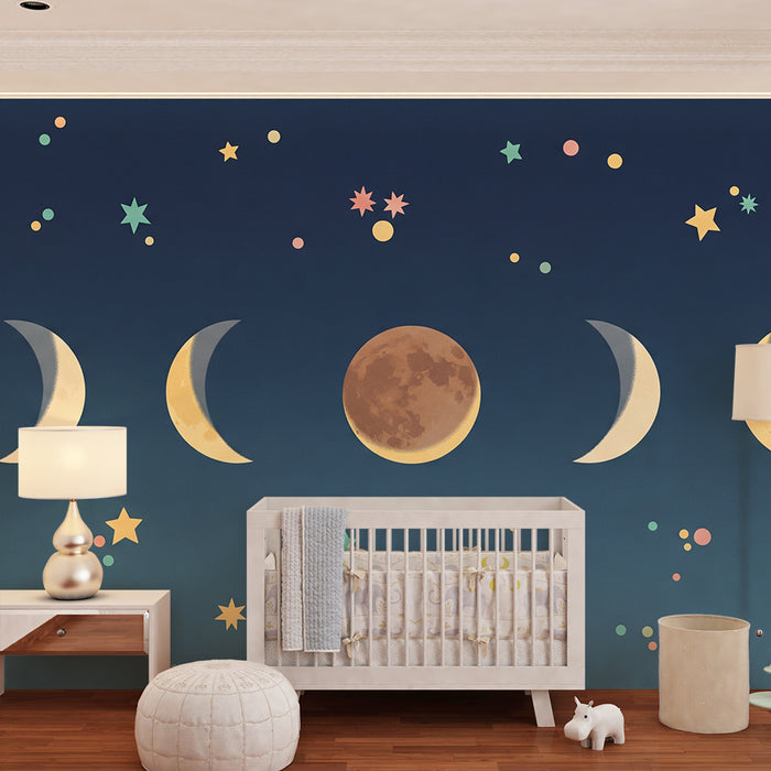 Babyzimmer Tapete | Phasen des Mondes und bunte Sterne in einem nächtlichen Himmel