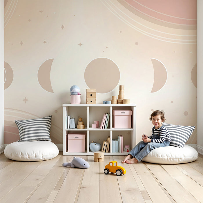 Papier peint chambre bébé | Phases de lune et étoiles dans des tons doux