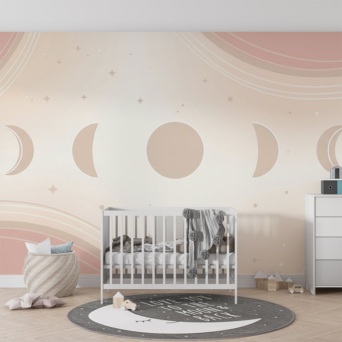 Papier peint chambre bébé | Phases de lune et étoiles dans des tons doux
